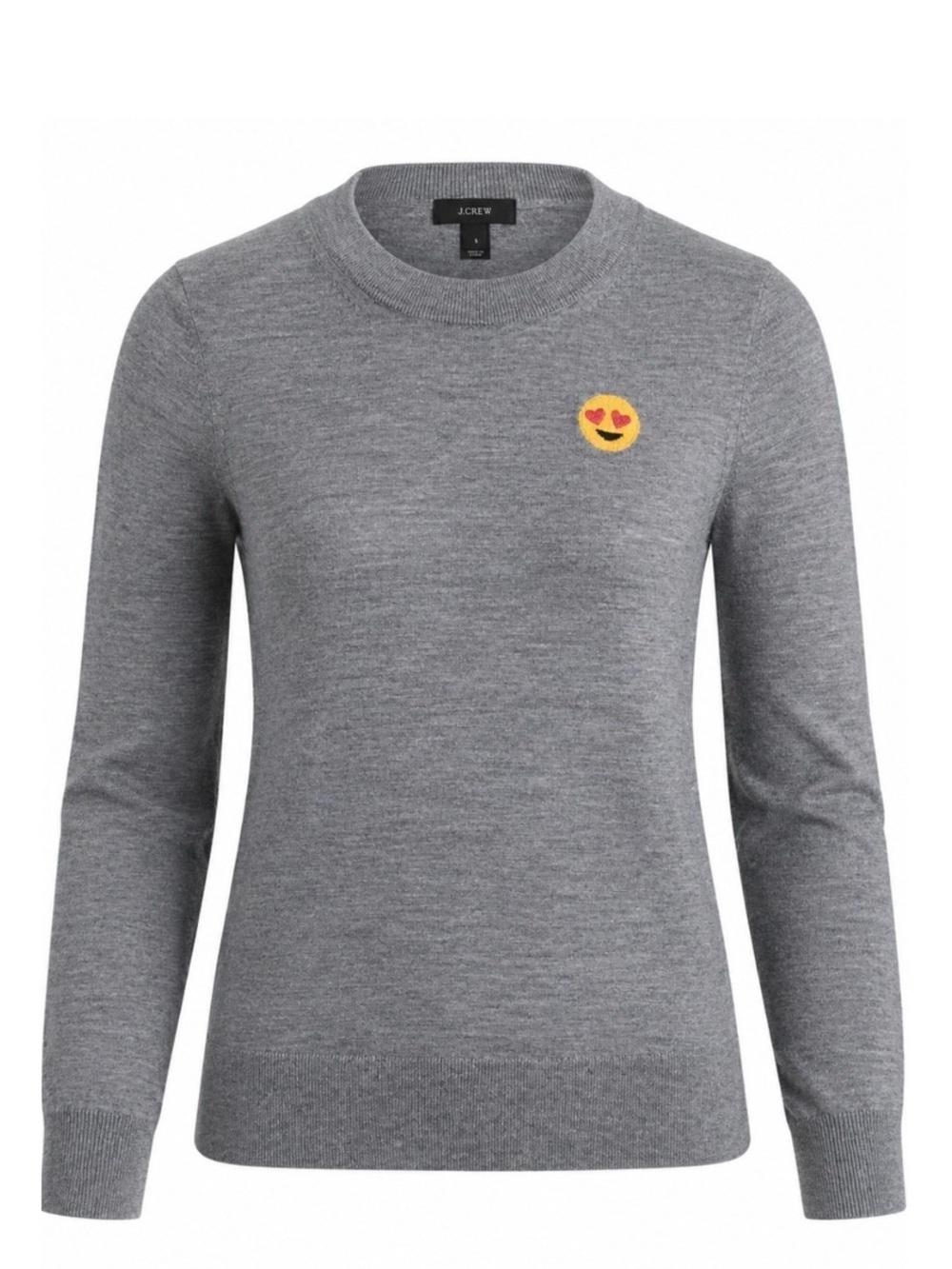 Women’s J. Crew Gray Crewneck Sweater with Heart-Eyes emoji stitching